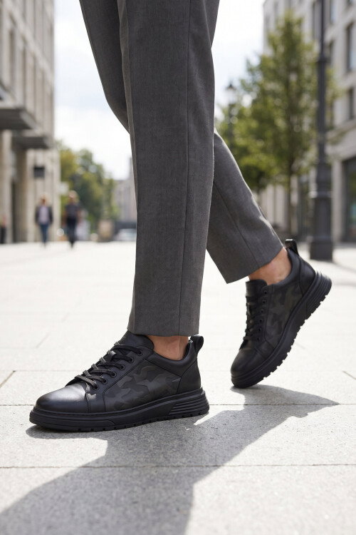 Siyah Hakiki Deri Bağcıklı Kalın Rahat Tabanlı Erkek Casual Ayakkabı Sneaker 2592