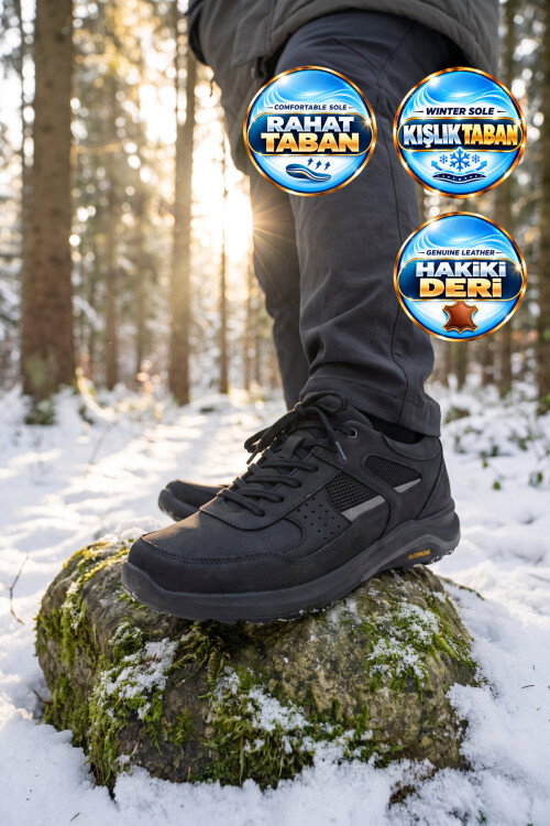 Siyah Hakiki Deri Bağcıklı Kaymaz Tabanlı Erkek Outdoor Trekking Ayakkabı 2055