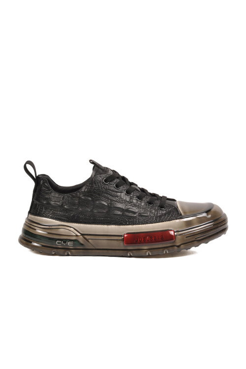 Siyah Hakiki Deri Kroko Desenli Kalın Taban Erkek Casual Ayakkabı Sneaker E058 M