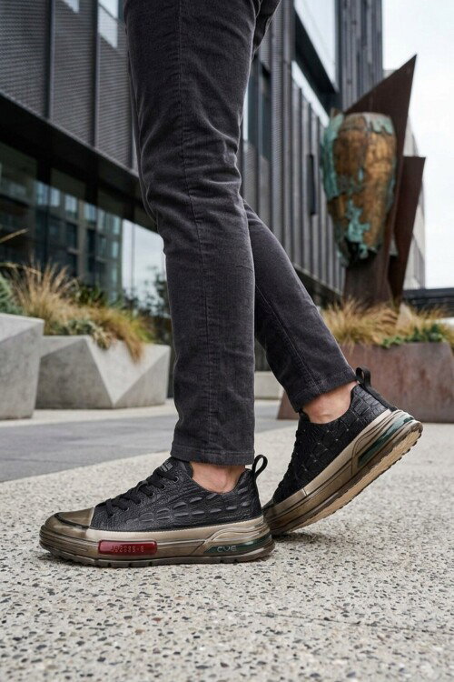 Siyah Hakiki Deri Kroko Desenli Kalın Taban Erkek Casual Ayakkabı Sneaker E058 M