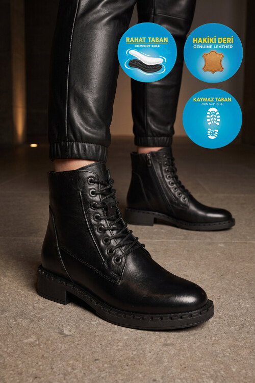Black Genuine Leather Anatomical Womens Boots 8495 Z
