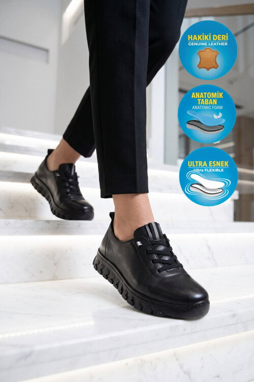 Siyah Hakiki Deri Kauçuk Rahat Anatomik Taban Kadın Casual Ayakkabı 9050