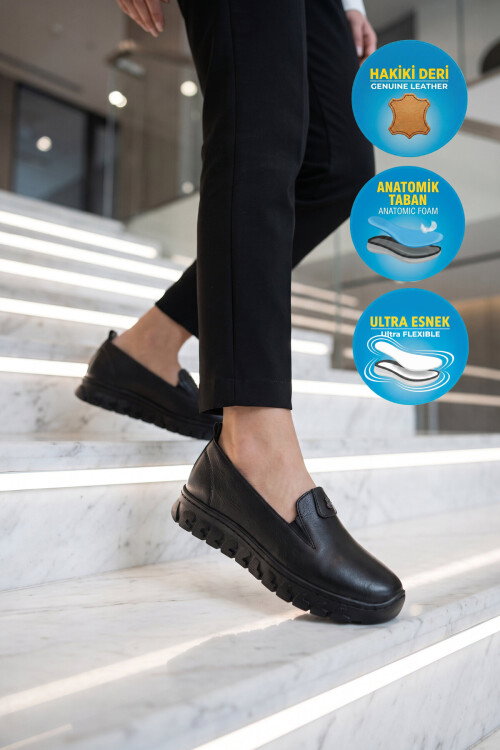 Siyah Hakiki Deri Anatomik Rahat Taban Kadın Casual Ayakkabı 9059