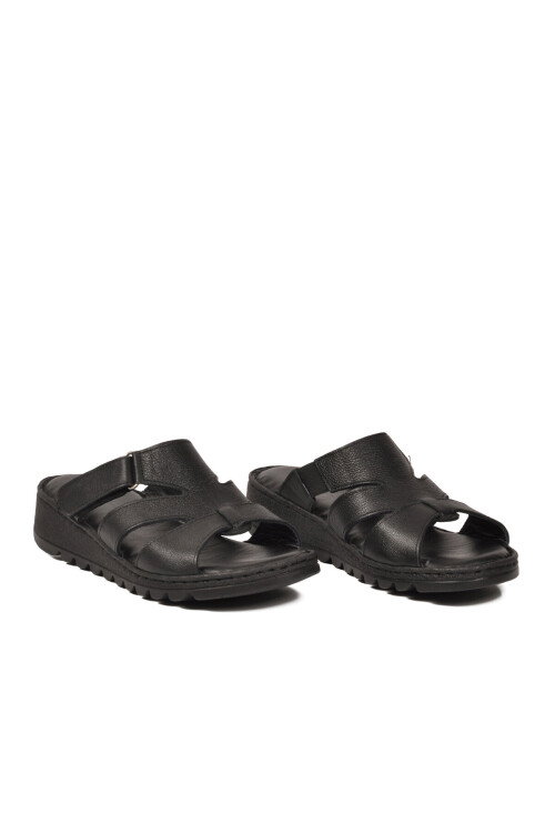 Siyah Hakiki Deri Ayarlanabilir Cırt Bantlı Rahat Yumuşak Tabanlı Kadın Terlik Z938 Z