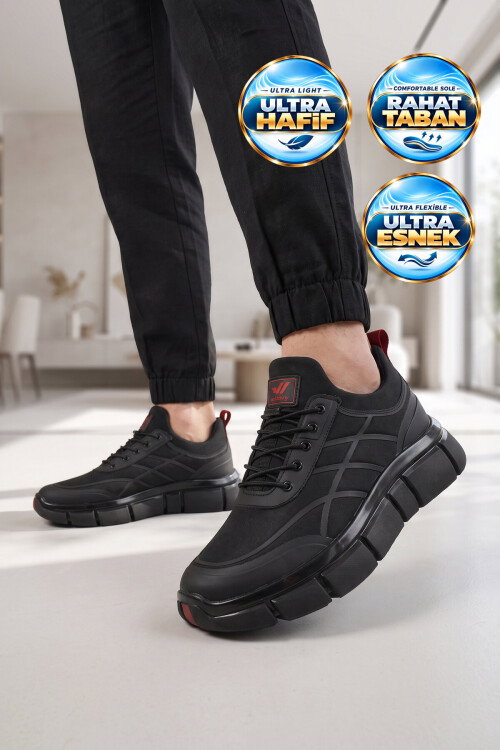 Rahat Konfor Tabanlı Bağcıklı Siyah-Kırmızı Erkek Yürüyüş ve Spor Ayakkabı Stride 7525