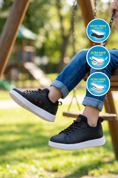 Siyah-Kırmızı Lastik Bağcıklı Comfort Rahat Tabanlı Erkek Çocuk Sneaker Balase F