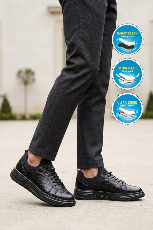 Siyah Kroko Lastik Bağcıklı Erkek Sneaker Balase M