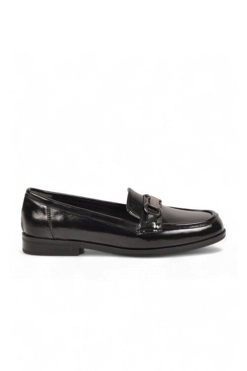 Tokalı Şık Rahat Loafer Ayakkabı Siyah Parlak Kadın Klasik Casual Ayakkabı PC-56058
