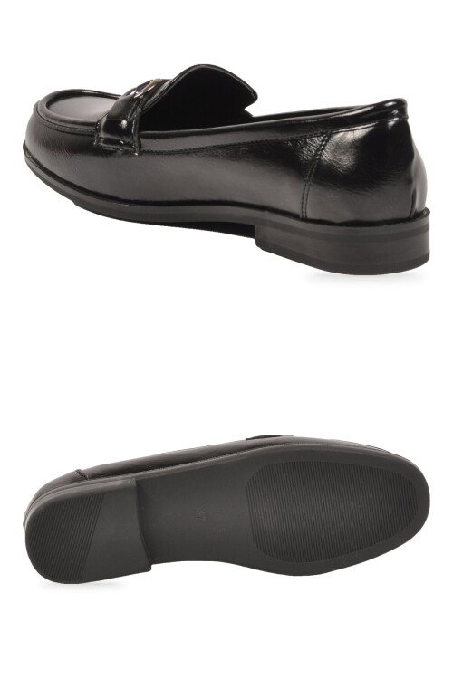 Tokalı Şık Rahat Loafer Ayakkabı Siyah Parlak Kadın Klasik Casual Ayakkabı PC-56058
