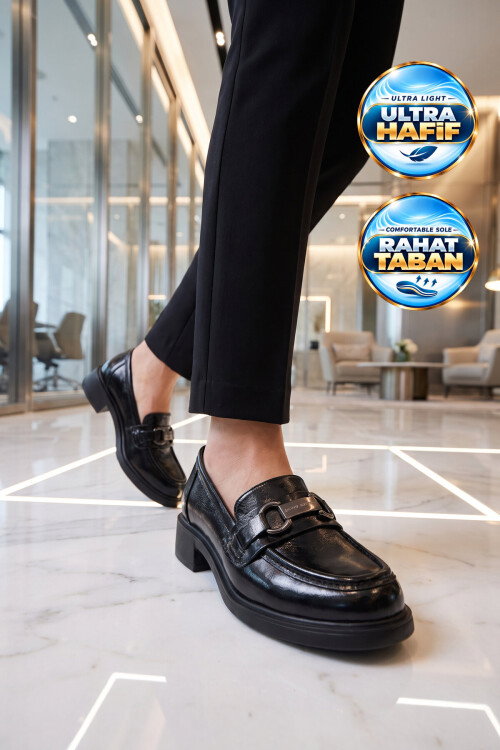 Siyah Parlak Tokalı Şık Rahat Loafer Kadın Klasik Casual Ayakkabı PC-56064 