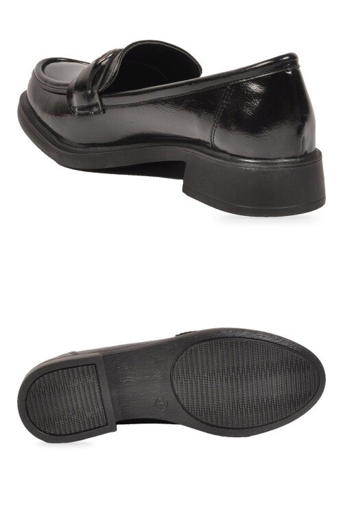 Siyah Parlak Tokalı Şık Rahat Loafer Kadın Klasik Casual Ayakkabı PC-56064 