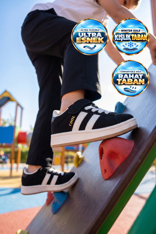 Siyah Cırt Bantlı Unisex Çocuk Yürüyüş ve Spor Ayakkabı Sneaker Coop F