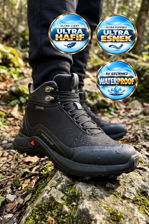 Siyah Bağcıklı Kaymaz Tabanlı Su Geçirmez Erkek Outdoor Trekking Bot 210500B-1