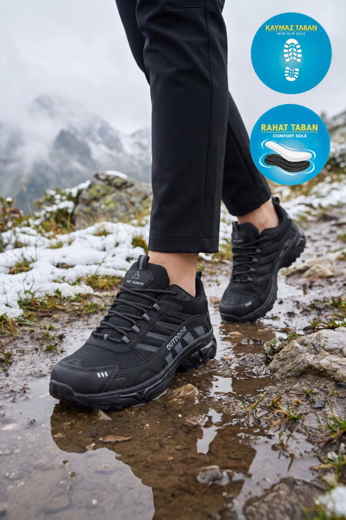 Siyah Bağcıklı Kaymaz Tabanlı Ortopedik Rahat Taban Erkek Outdoor Trekking Ayakkabı 2408