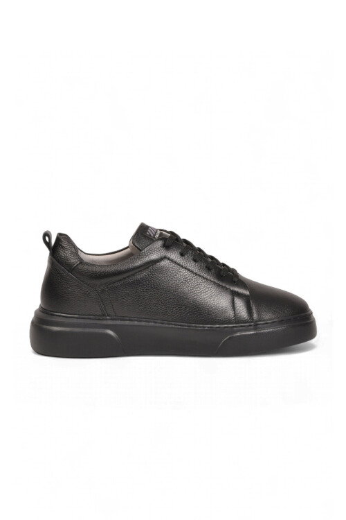 Siyah-Siyah Hakiki Deri Bağcıklı Kalın Rahat Tabanlı Erkek Casual Ayakkabı Sneaker 272303 
