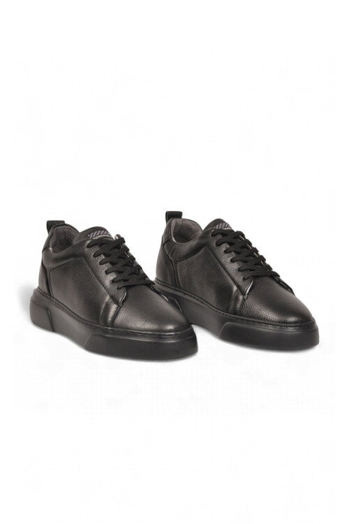 Siyah-Siyah Hakiki Deri Bağcıklı Kalın Rahat Tabanlı Erkek Casual Ayakkabı Sneaker 272303 