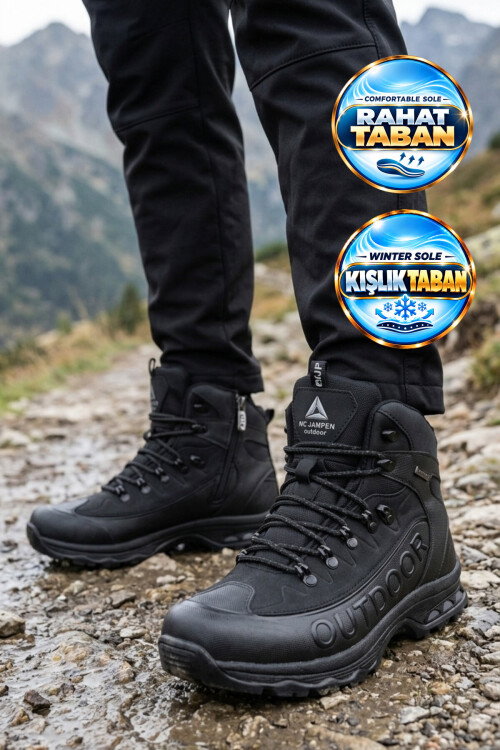 Siyah-Siyah Bağcıklı Fermuarlı Kaymaz Tabanlı Erkek Outdoor Trekking Bot 2115 
