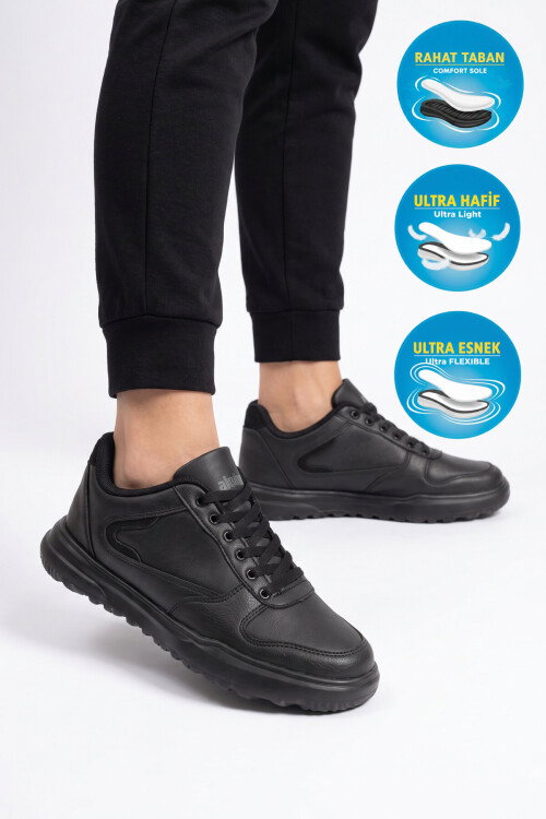 Siyah Bağcıklı Hafif Rahat Tabanlı Erkek Casual Yürüyüş Ayakkabı Sneaker 2297 Cilt