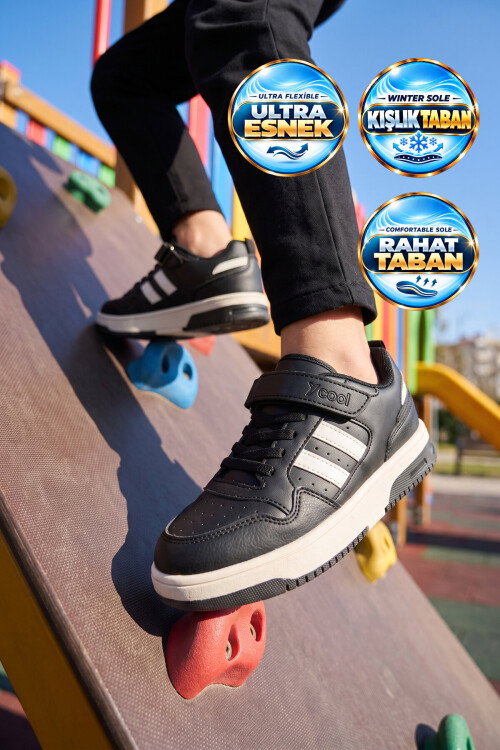Siyah Cırt Bantlı Unisex Çocuk Yürüyüş ve Spor Ayakkabı Sneaker Foor F