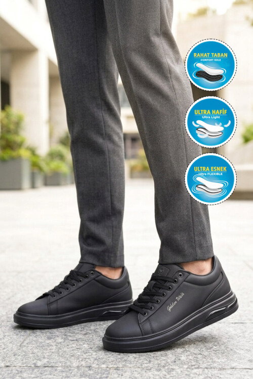 Erkek Siyah Bağcıklı Kalın Taban Erkek Casual Ayakkabı Sneaker 8078 Dashor M