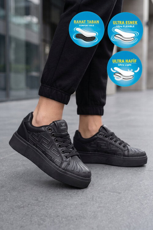 Siyah Bağcıklı Kalın Rahat Tabanlı Erkek Casual Yürüyüş Ayakkabı Sneaker  26201 M