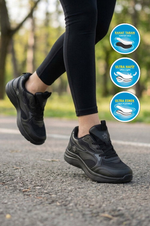 Siyah Fileli Bağcıklı Nefes Alan Rahat Tabanlı Unisex Yürüyüş ve Spor Ayakkabı 26106 G