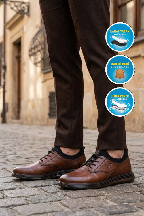 Taba Hakiki Deri Lastik Bağcıklı Rahat Hafif Tabanlı Erkek Casual Ayakkabı 6222 M