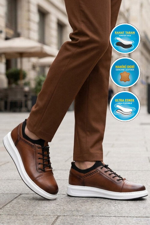 Taba Hakiki Deri Lastik Bağcıklı Rahat Konfor Tabanlı Erkek Casual Ayakkabı 4190 M