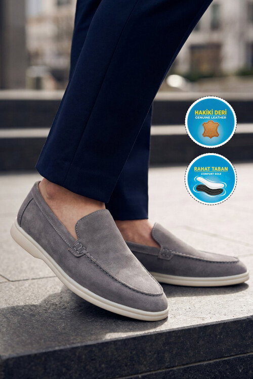 Açık Gri Hakiki Deri Şık Rahat Espadril Erkek Casual Ayakkabı Loafer 6K020-217