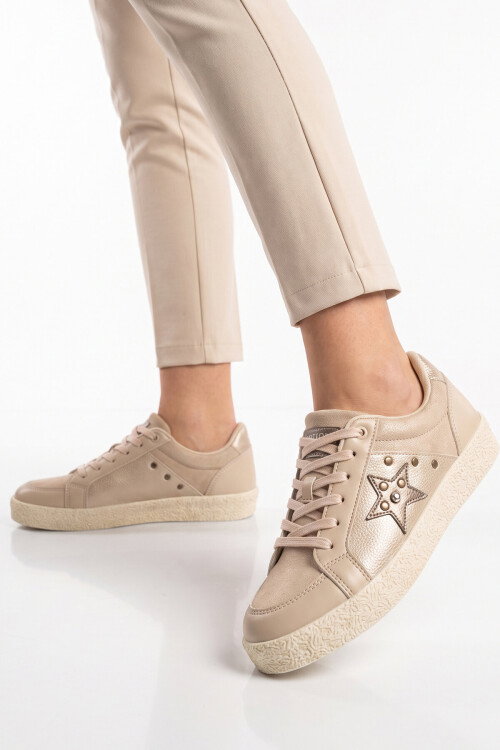 Bej Bağcıklı Kalın Tabanlı Kadın Casual Yürüyüş Ayakkabı Sneaker Code 416