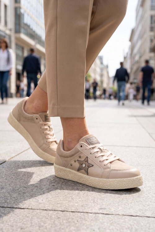 Bej Bağcıklı Kalın Tabanlı Kadın Casual Yürüyüş Ayakkabı Sneaker Code 416