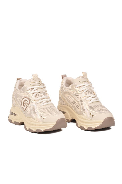 Fileli Bağcıklı Kalın Tabanlı Sneaker Şık Rahat Bej Kadın Casual Yürüyüş Ayakkabı 26Y323 