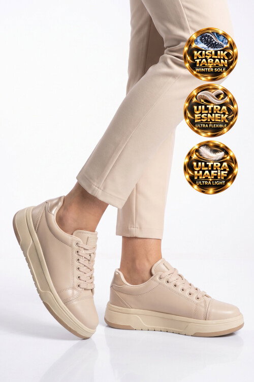 Bağcıklı Kalın Tabanlı Kadın Bej Casual Yürüyüş Ayakkabı Sneaker Code 419