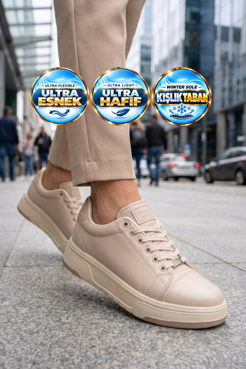 Bağcıklı Kalın Tabanlı Kadın Bej Casual Yürüyüş Ayakkabı Sneaker Code 419