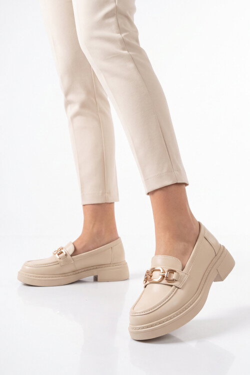 Tokalı Hafif Rahat Şık Bej Kadın Klasik Casual Ayakkabı Loafer 1837 Z