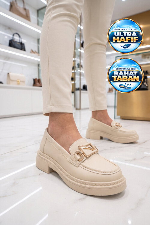 Tokalı Hafif Rahat Şık Bej Kadın Klasik Casual Ayakkabı Loafer 1837 Z