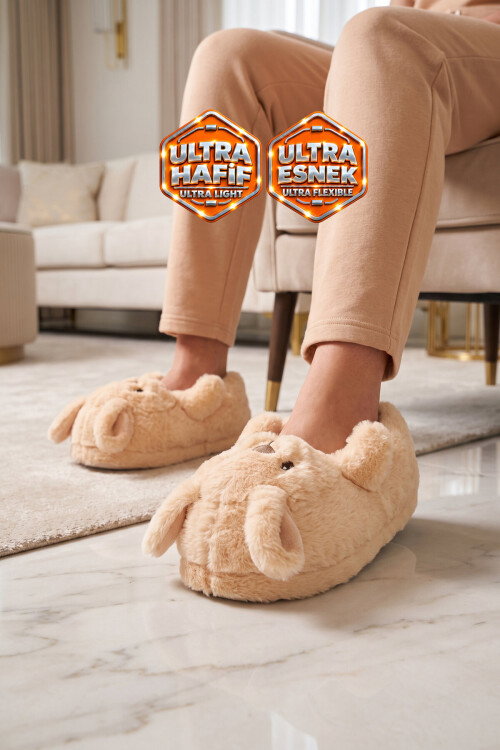 Sıcak Tutan Ayıcık Desenli Bej Unisex Ev Terliği Panduf H025.Z.0001