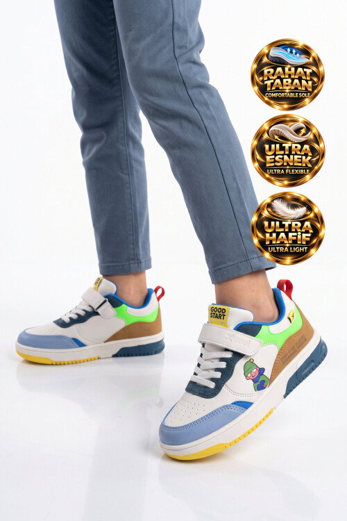 Cırt Bantlı Kalın Rahat Tabanlı Erkek Çocuk Kahve-Beyaz Yürüyüş ve Spor Ayakkabı Sneaker Star 26K