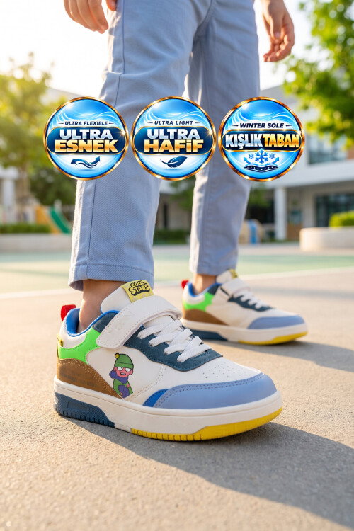 Cırt Bantlı Kalın Rahat Tabanlı Erkek Çocuk Kahve-Beyaz Yürüyüş ve Spor Ayakkabı Sneaker Star 26K