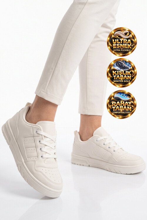 Beyaz Bağcıklı Kalın Tabanlı Unisex Yürüyüş ve Spor Ayakkabı Sneaker Foor