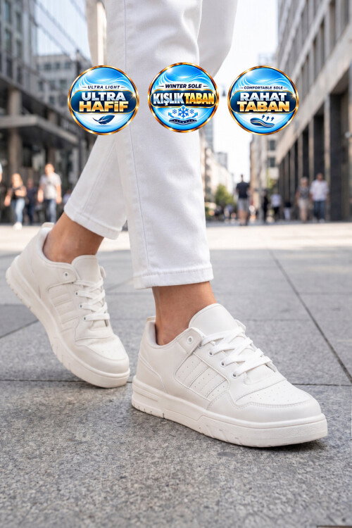 Beyaz Bağcıklı Kalın Tabanlı Unisex Yürüyüş ve Spor Ayakkabı Sneaker Foor