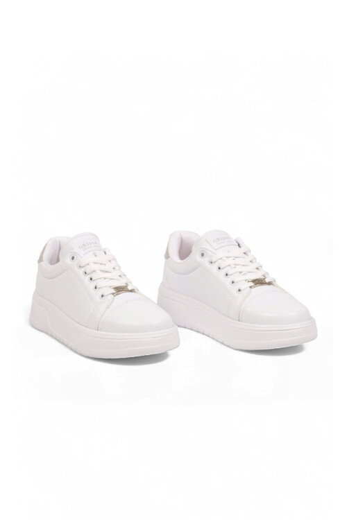 Bağcıklı Kalın Tabanlı Kadın Beyaz Casual Yürüyüş Ayakkabı Sneaker Code 419