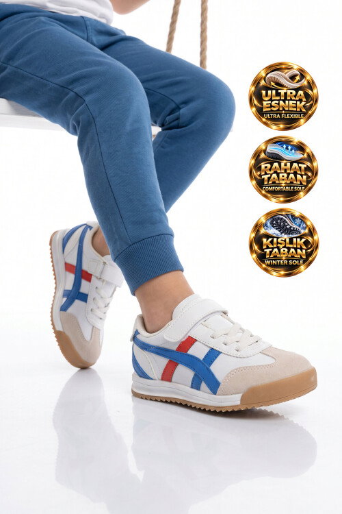 Beyaz-Saks Cırt Bantlı Kauçuk Tabanlı Unisex Çocuk Spor Ayakkabı Sneaker Tigor