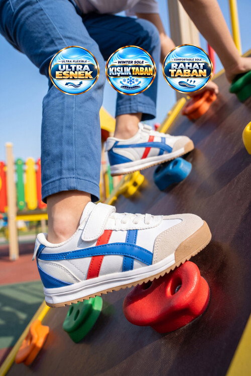 Beyaz-Saks Cırt Bantlı Kauçuk Tabanlı Unisex Çocuk Spor Ayakkabı Sneaker Tigor