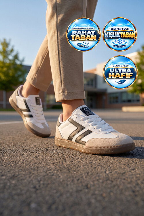 Beyaz-Siyah Bağcıklı Hafif Rahat Unisex Yürüyüş ve Spor Ayakkabı Sneaker 234750