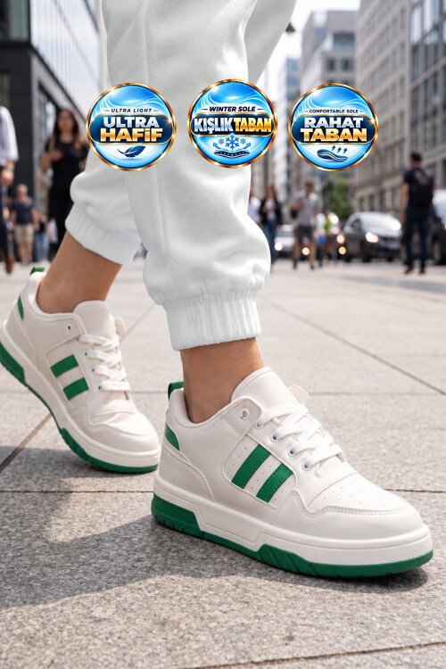 Beyaz-Yeşil Bağcıklı Kalın Tabanlı Unisex Yürüyüş ve Spor Ayakkabı Sneaker Foor