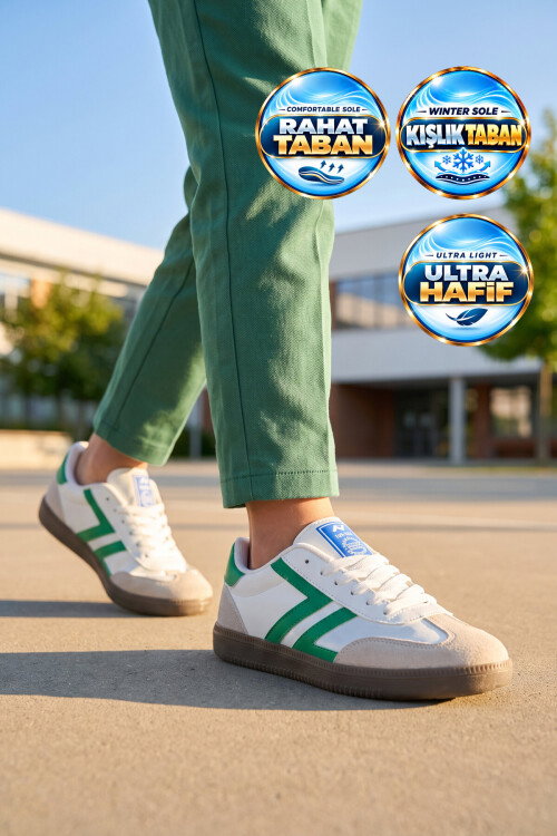 Beyaz-Yeşil Bağcıklı Hafif Rahat Unisex Yürüyüş ve Spor Ayakkabı Sneaker 234750