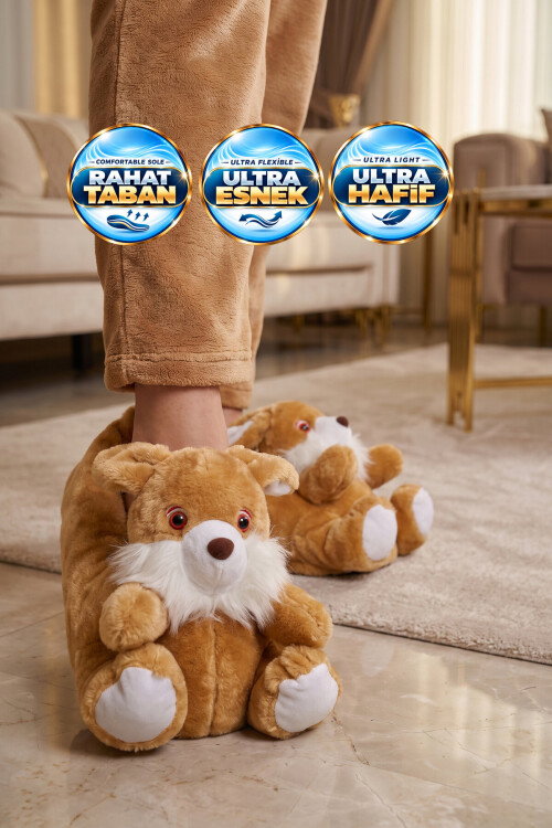 Sıcak Tutan Ayıcık Desenli Camel Unisex Ev Terliği Panduf  H025.Z.0000