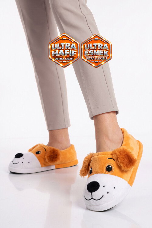 Sıcak Tutan Köpek Desenli Camel Unisex Ev Terliğ Panduf H025.Z.0008