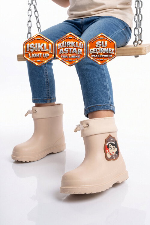 Ekru İçi Kürklü Sıcak Tutan Su Geçirmez Aksesuarı Işıklı Unisex Çocuk Bot-Çizme 530
